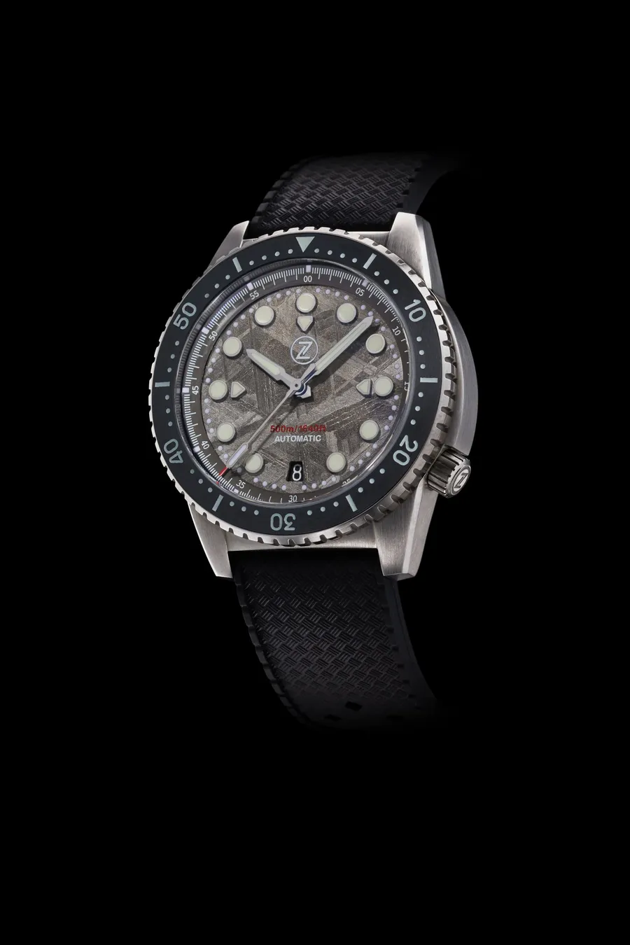 Zelos Mako 500m Diver in steel, grey meteorite dial, black ceramic bezel, on tropic rubber strap