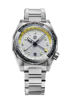 Zelos Thresher 41mm in titanium, chalk grey dial with yellow 24-hour track, on titanium bracelet