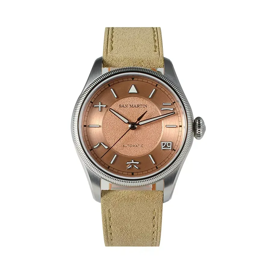 San Martin SN033-C 39.5mm with salmon dial, Chinese numerals and coin-edge bezel on beige leather strap