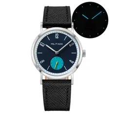 Militado ML27 with dark blue dial, white markers and cyan small seconds on black leather strap
