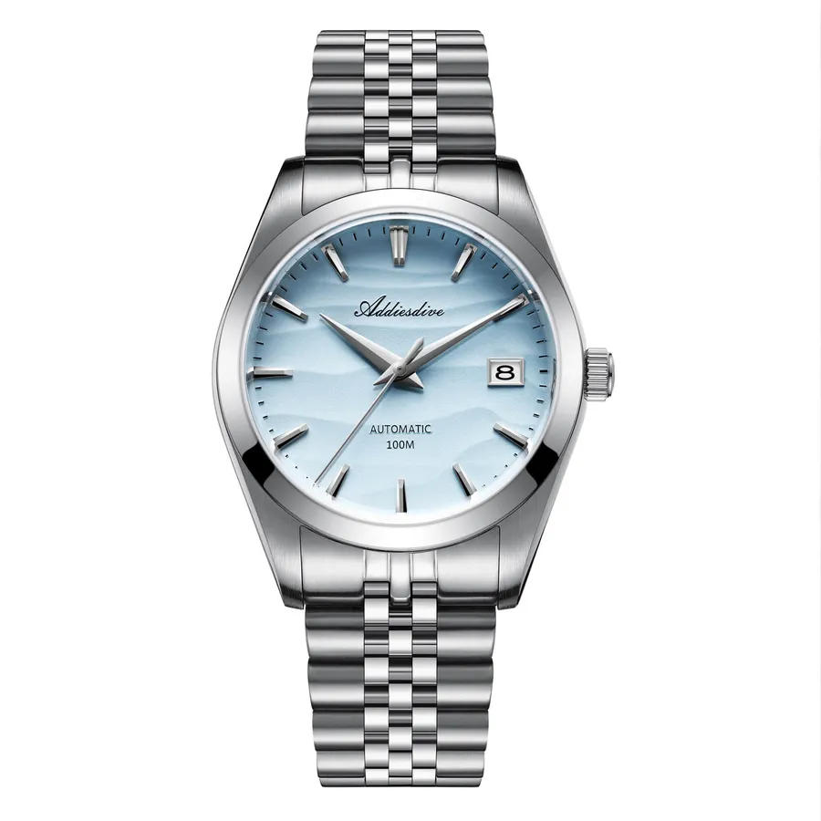 Addiesdive AD2059 with light blue sand-texture dial and smooth bezel on a jubilee-style bracelet