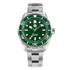 San Martin SN036-G with green enamel dial and green bezel on steel bracelet