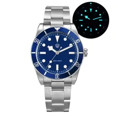 Watchdives WD7922 with blue dial and blue bezel on the 3-link bracelet, with lume shot