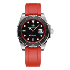 Addiesdive AD2040 with red chapter ring and black bezel on a red rubber strap