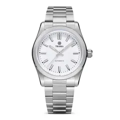 Traska Commuter 34, white lacquered dial, on bracelet, front view