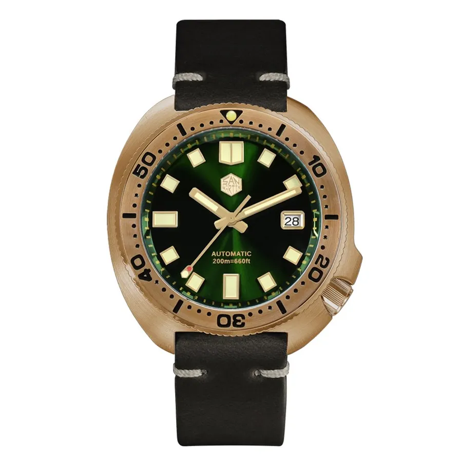 San Martin SN047-B-Q bronze 44mm diver with green sunray dial on black leather strap