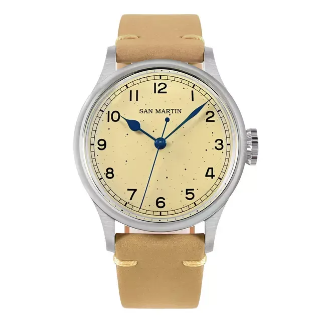 San Martin SN0105-G 38.5mm with light yellow freckles dial and blued hands on leather strap