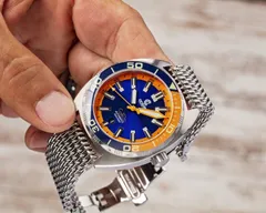 Ocean Crawler Core Diver, V2 Blue/Orange in steel on shark mesh ("SS Blue/Orange" listing)