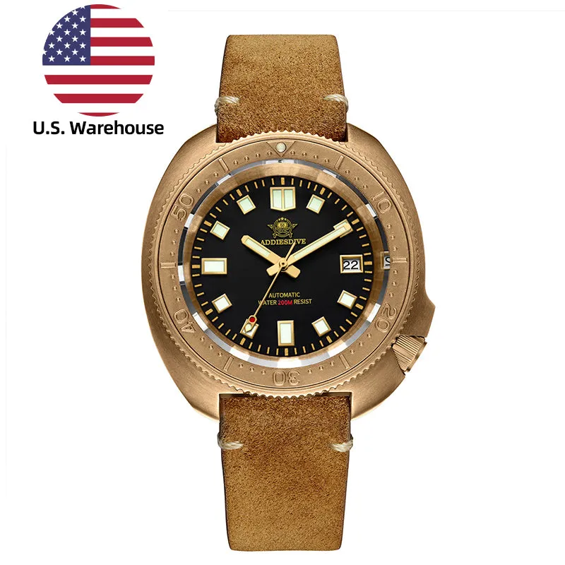 Addiesdive AD2104 bronze cushion-cased diver with black dial and bronze bezel on a brown leather strap (U.S. warehouse listing photo)