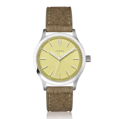 Fears Redcliff 39.5 Sherbet Yellow with matte yellow dial on a brown Alcantara strap