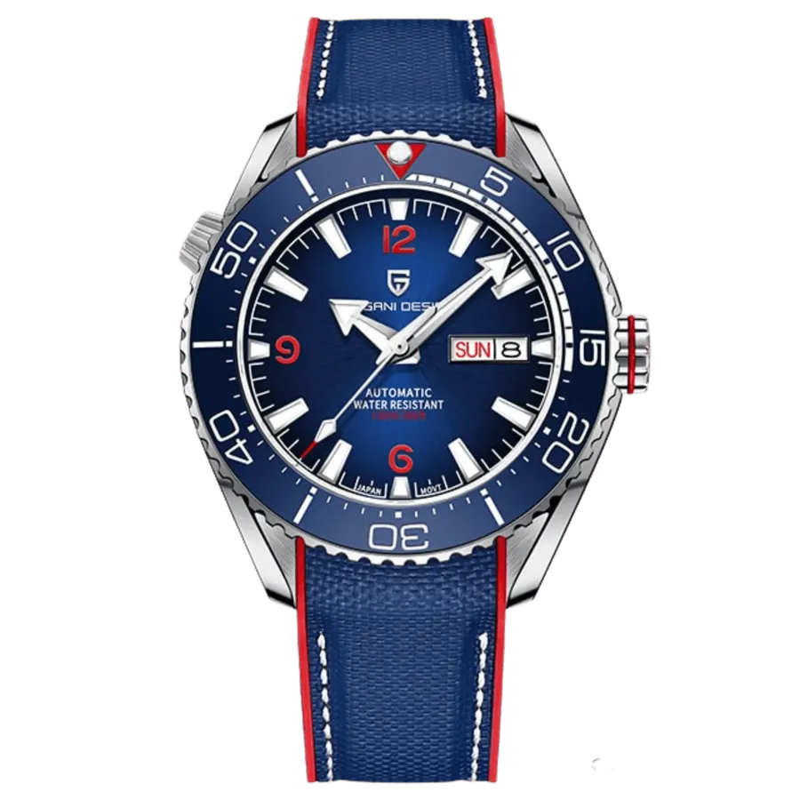 Pagani Design PD-1729 diver with blue dial and bezel and day-date window on blue rubber strap