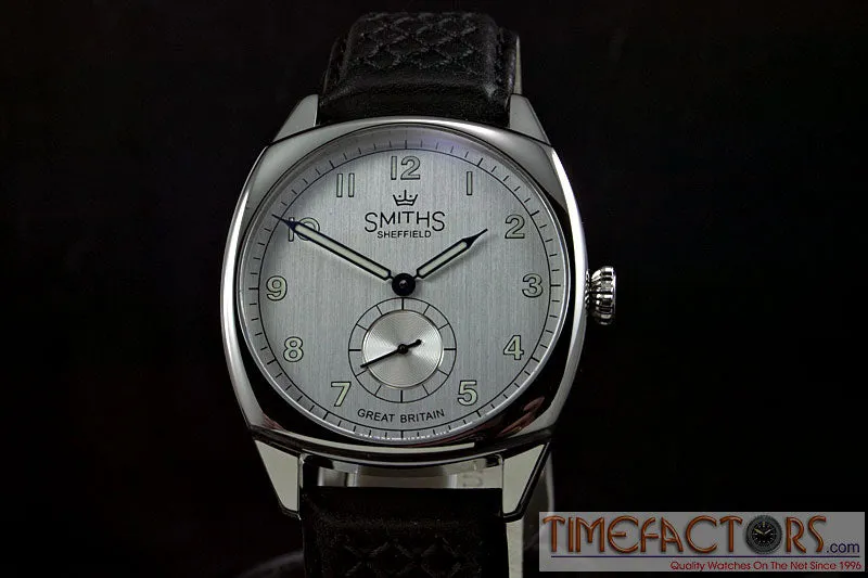 Timefactors Smiths Vintage Cushion Case PRS-36, polished cushion case, brushed silver dial with small seconds at 6, on black leather strap