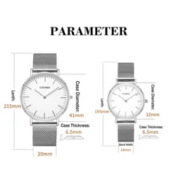 Cadisen C2025ML parameter drawing (men's 41mm, 6.5mm thick, 20mm band; ladies' 32mm, 6.5mm, 14mm band)