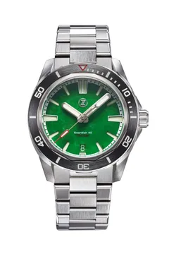 Zelos Swordfish 40mm, jade stone dial, black ceramic bezel, on bracelet