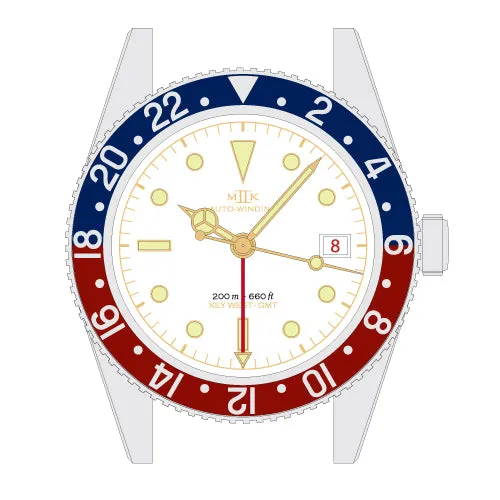 MKII Key West GMT drawing, white and gold dial with blue and red bezel