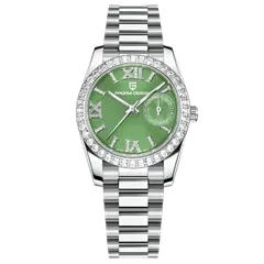 Pagani Design PD-1776 with green dial and stone-set bezel on steel bracelet