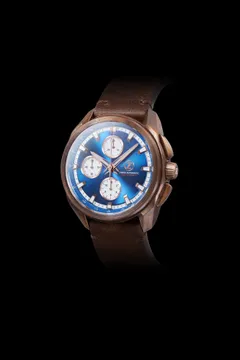 Zelos ZX-5 in bronze with blue sunburst dial and white subdials (Zelos's photo shows the Swiss Automatic dial, not the Mechaquartz)