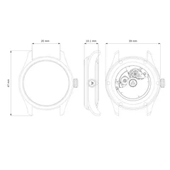 Wise Adamascus AD9 39mm case drawing (39mm case, 47mm lug to lug, 20mm lugs, 10.1mm height)