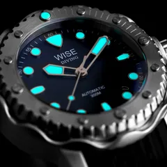 Wise Diving 300M Gen 2 lume shot (blue markers, hands and bezel pip)