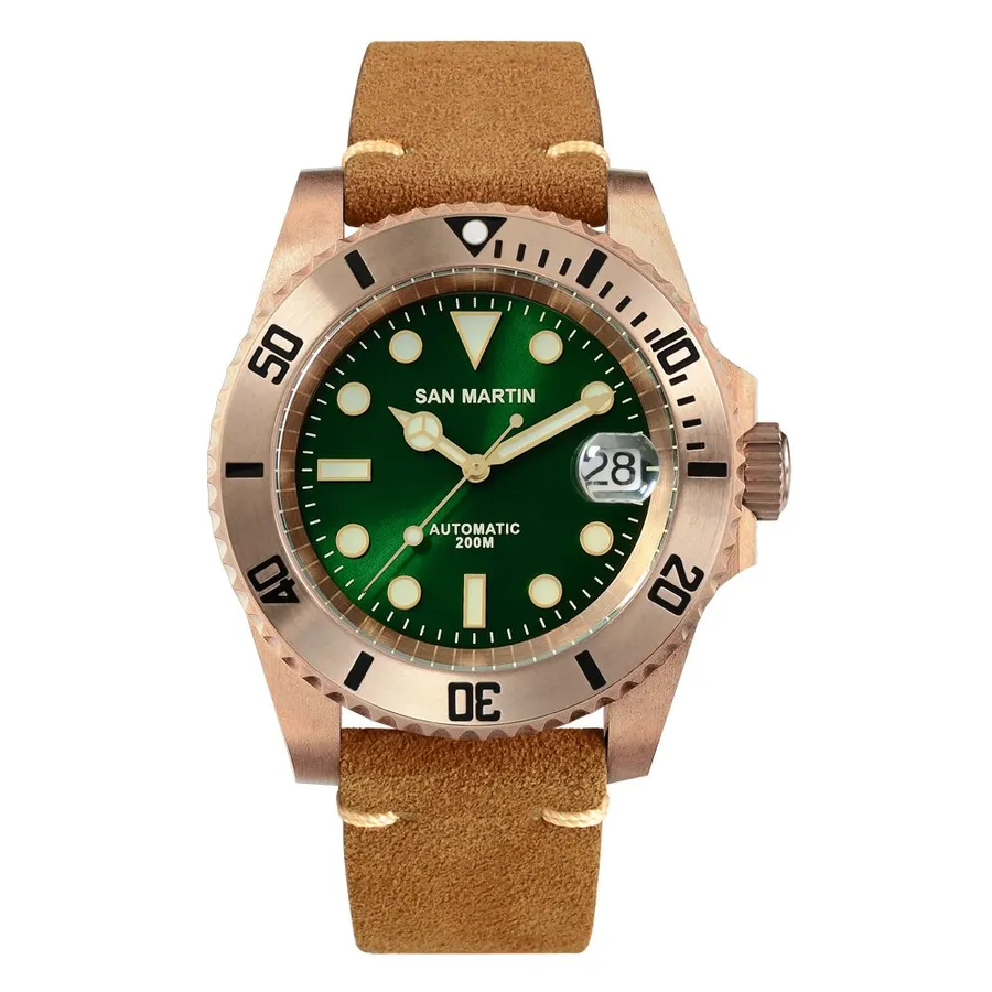 San Martin SN017-Q-35 bronze diver with green dial, bronze bezel and date with cyclops on tan leather strap