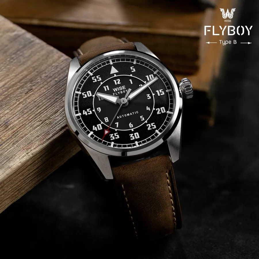 Wise Flyboy Type B FLB-10 in 904L steel, black dial with white numerals, on brown leather strap