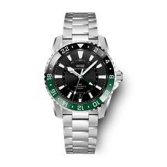 Wise Adamascus ADX140 True GMT in 904L steel, black sunburst dial, black and green bezel and green GMT hand, on 904L bracelet
