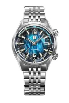 Zelos Helmsman SS, teal mother-of-pearl guilloché dial, black mother-of-pearl internal bezel