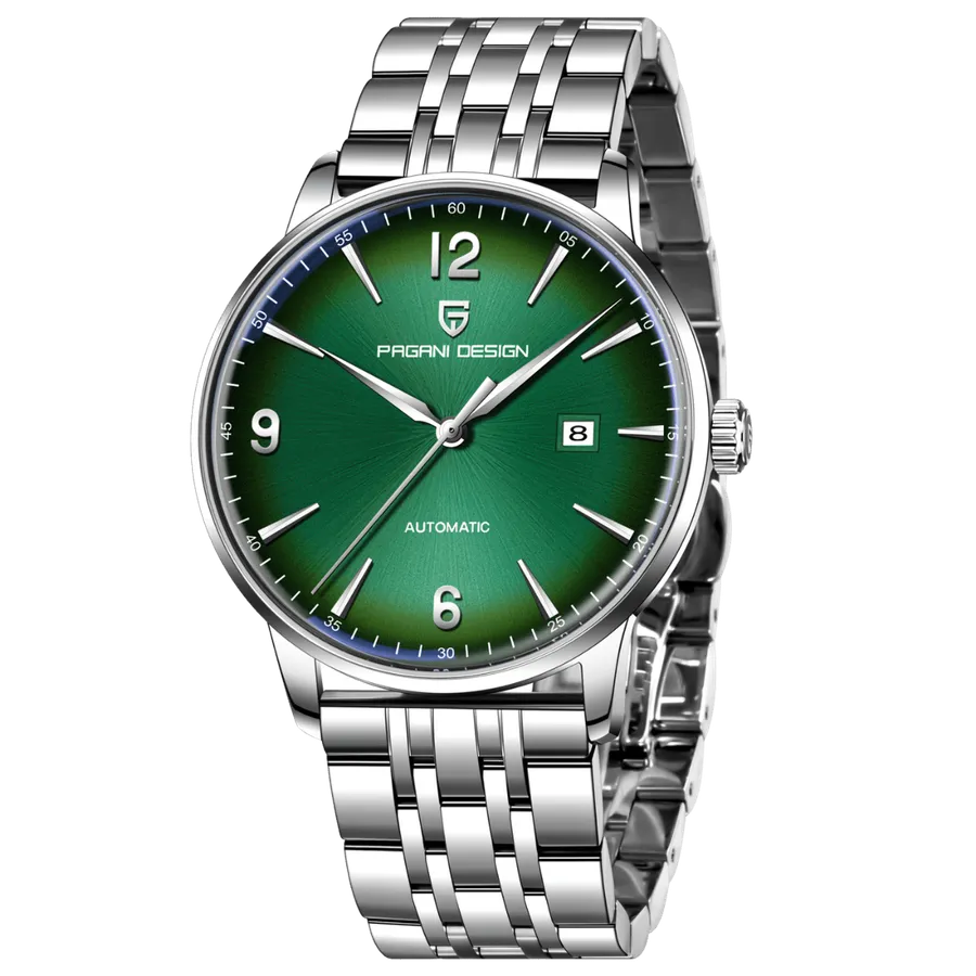 Pagani Design PD-1832 with green gradient dial, Arabic 12, 9 and 6 and date at 3, on steel bracelet