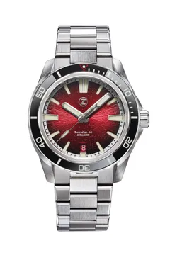 Zelos Swordfish 40mm SS Crimson Red, red fumé sunburst dial, black sapphire bezel, on bracelet