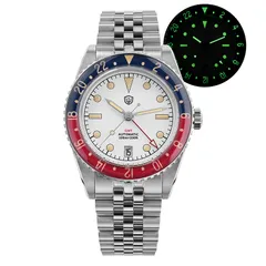 Watchdives WD6542 with white dial, pencil hands and red and blue bezel on the jubilee bracelet, with lume shot
