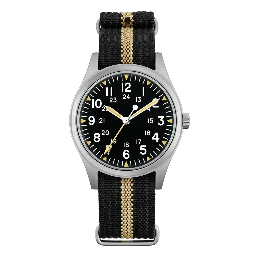 Militado ML07C with vintage matte black dial on black and beige striped nylon strap
