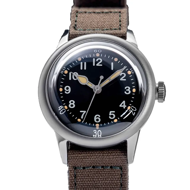 Thorn A11 (SHY034) in titanium with black dial and Arabic numerals on a brown canvas strap