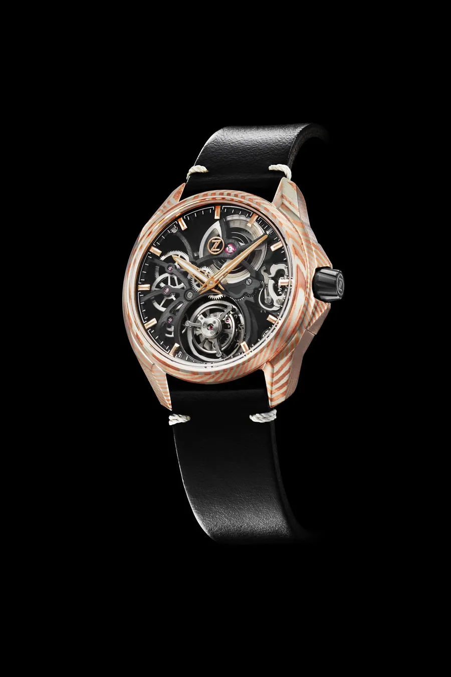 Zelos Mirage Tourbillon in mokume-gane, skeletonised movement with flying tourbillon at 6, on black leather strap