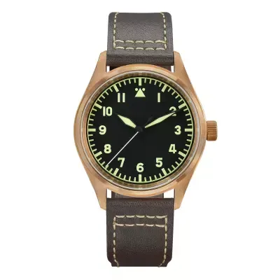 San Martin SN030-Q 39mm bronze pilot with Type A black dial on brown leather strap