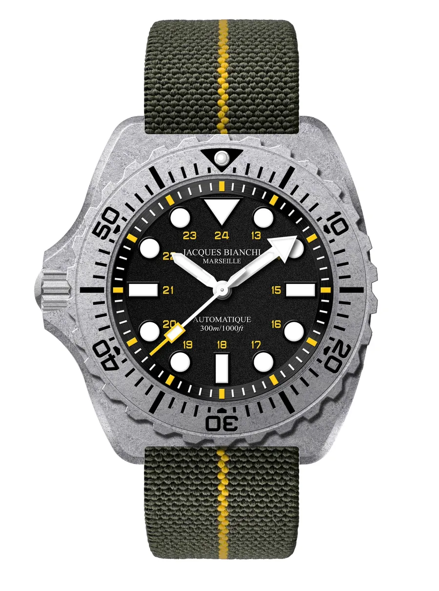 Jacques Bianchi JB300 Profonde x Deepsea.EDC, stonewashed titanium case, black Maxi Dial with yellow accents, on olive strap