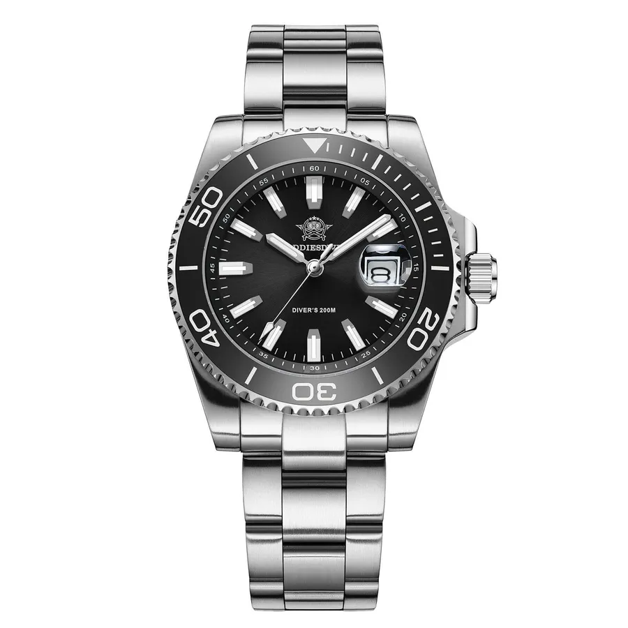 Addiesdive AD2510 with black dial, baton indices, cyclops date and black ceramic bezel on a three-link steel bracelet