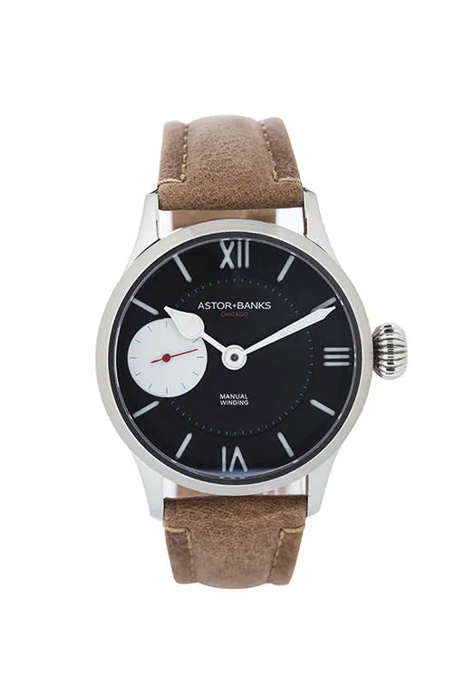 Astor+Banks AB1405, black sandwich dial with small seconds at 9, brushed steel case, on brown leather strap