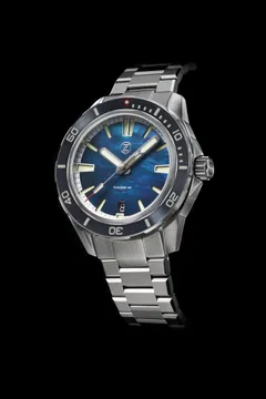 Zelos Swordfish 40mm SS MOP, blue mother-of-pearl dial, black ceramic bezel, on bracelet