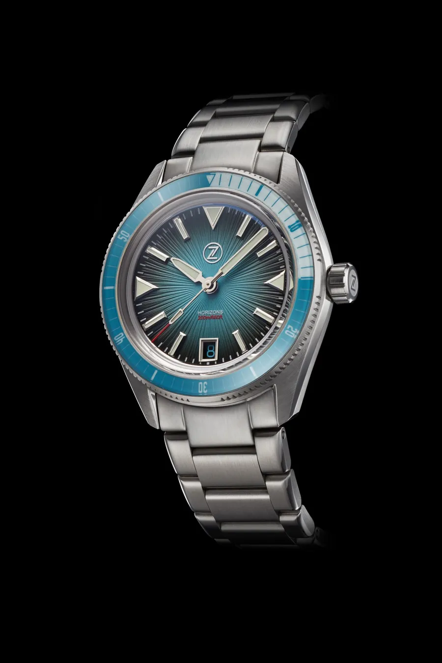 Zelos Horizons 200m Diver Ocean Blue, light blue fumé dial and light blue sapphire dive bezel, on steel bracelet