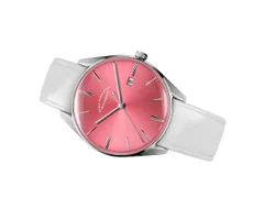 ELKA D06-0808, sunbrushed baby pink dial with nickel applied indexes and date at 3, on white leather strap