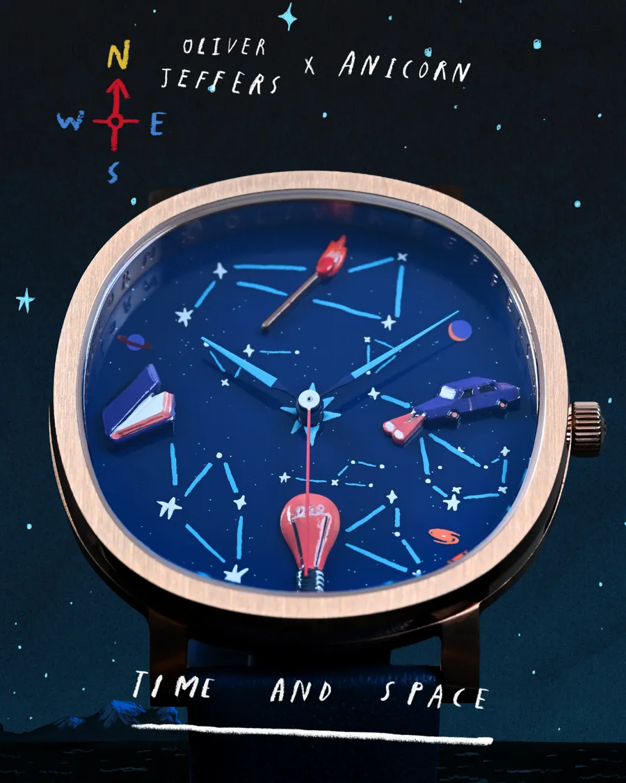 Oliver Jeffers x Anicorn Time and Space watch with a rose-gold cushion case and a hand-painted night-sky dial