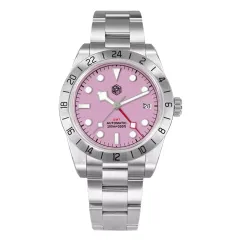 San Martin SN0054-G-C2 39mm NH34 GMT with pink dial and date at 3 on bracelet