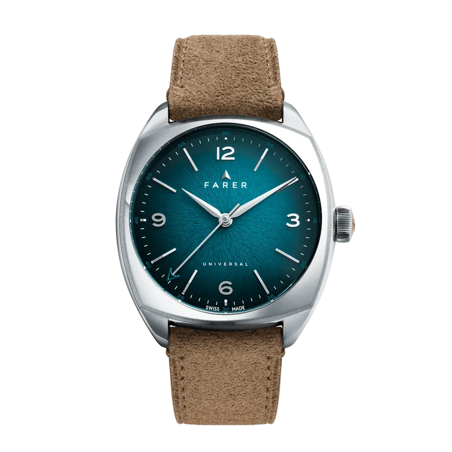 Farer 35mm Cushion Case Belzoni, teal gradient dial, on tan suede leather strap