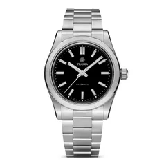 Traska Commuter 34, black lacquered dial, on bracelet, front view