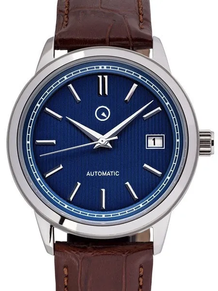 Islander automatic dress watch with blue pinstripe dial on brown leather strap