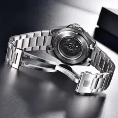 Pagani Design PD-1668A display caseback showing a Seiko NH35A rotor, with fold-over clasp