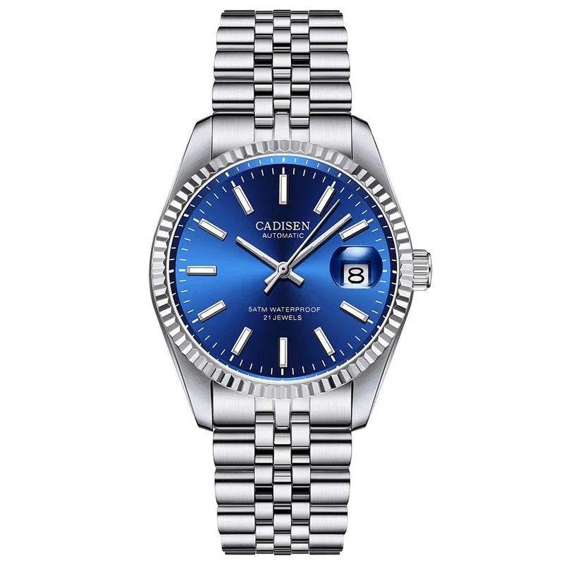 Cadisen C8053 with sunburst blue dial, fluted bezel and steel jubilee bracelet