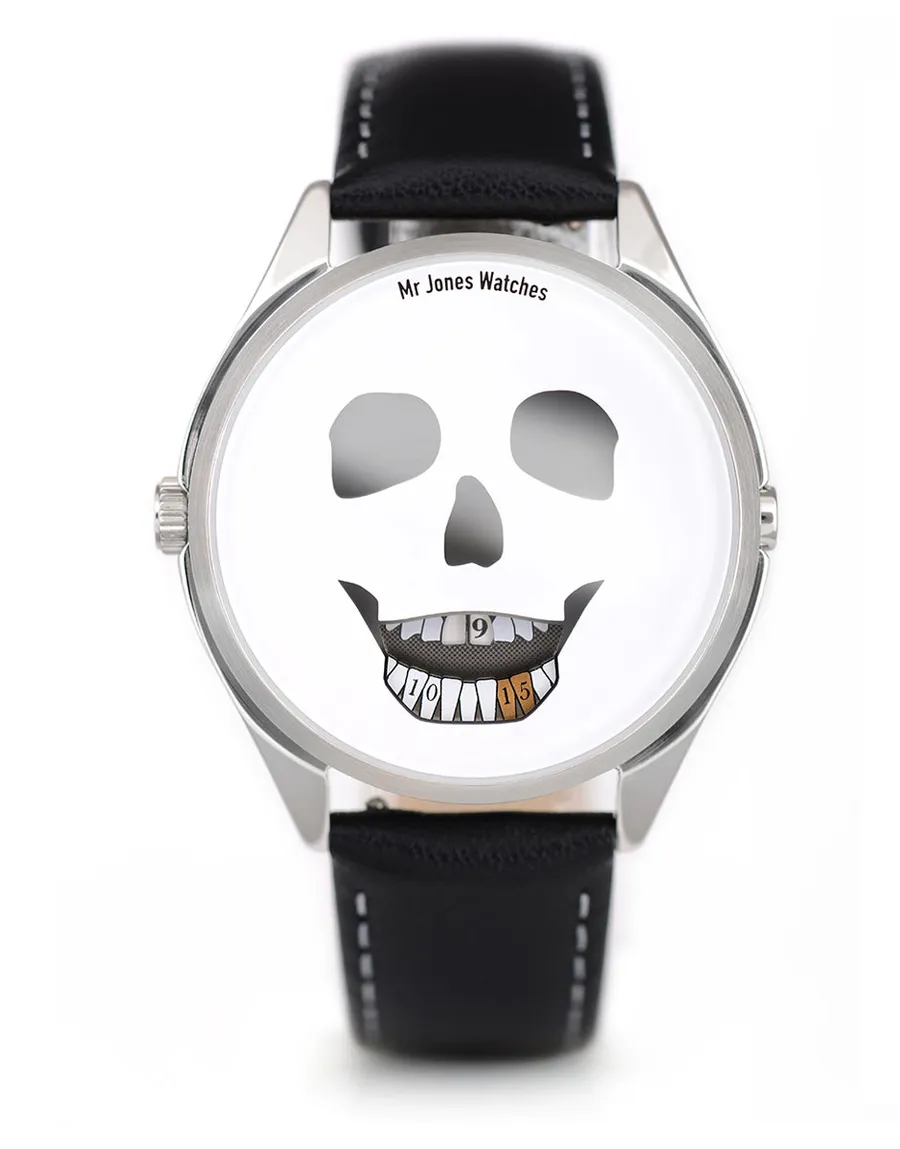 Mr Jones The Last Laugh, white dial with a skull whose teeth show the time, steel case on black leather, front view