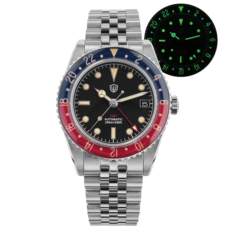 Watchdives WD6542 with black dial, Benz hands and red and blue bezel on the jubilee bracelet, with lume shot