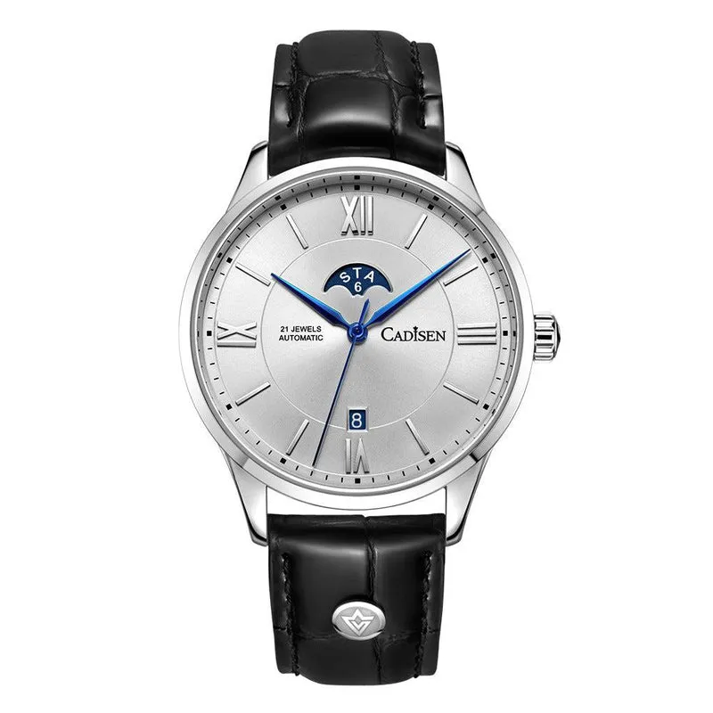 Cadisen C8188 dress automatic with white dial, Roman numerals, crescent day window at 12, date at 6 and blue hands on a black leather strap